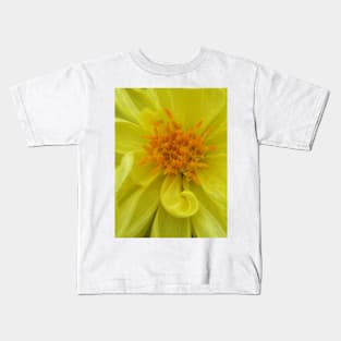 closeup macro photography of bright glowing yellow dahlia bloom with yellow gold coloured complex structured center Kids T-Shirt